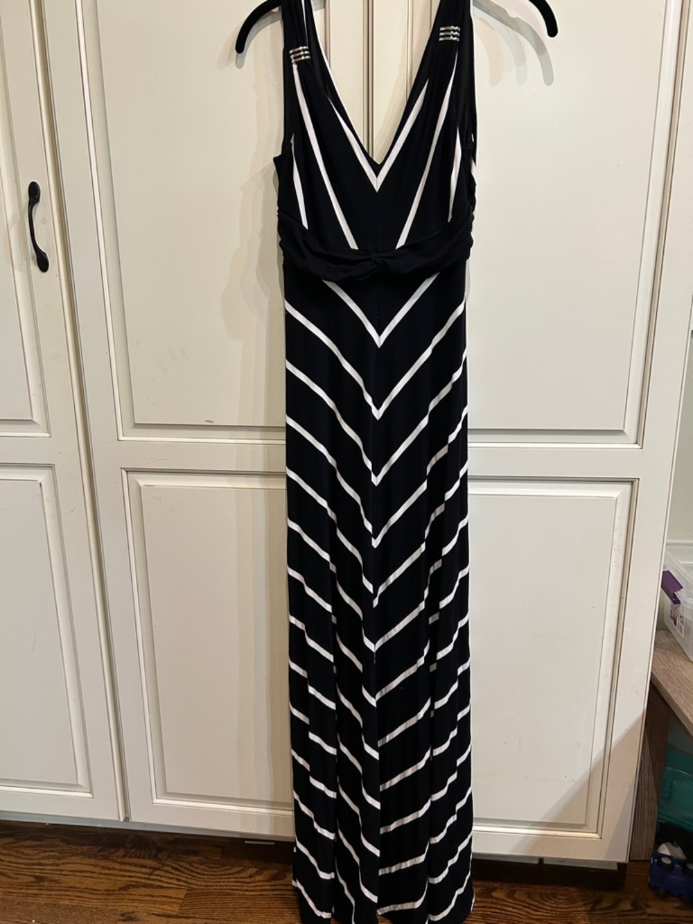 White House Black Market Black and White Chevron V-Neck Maxi Dress